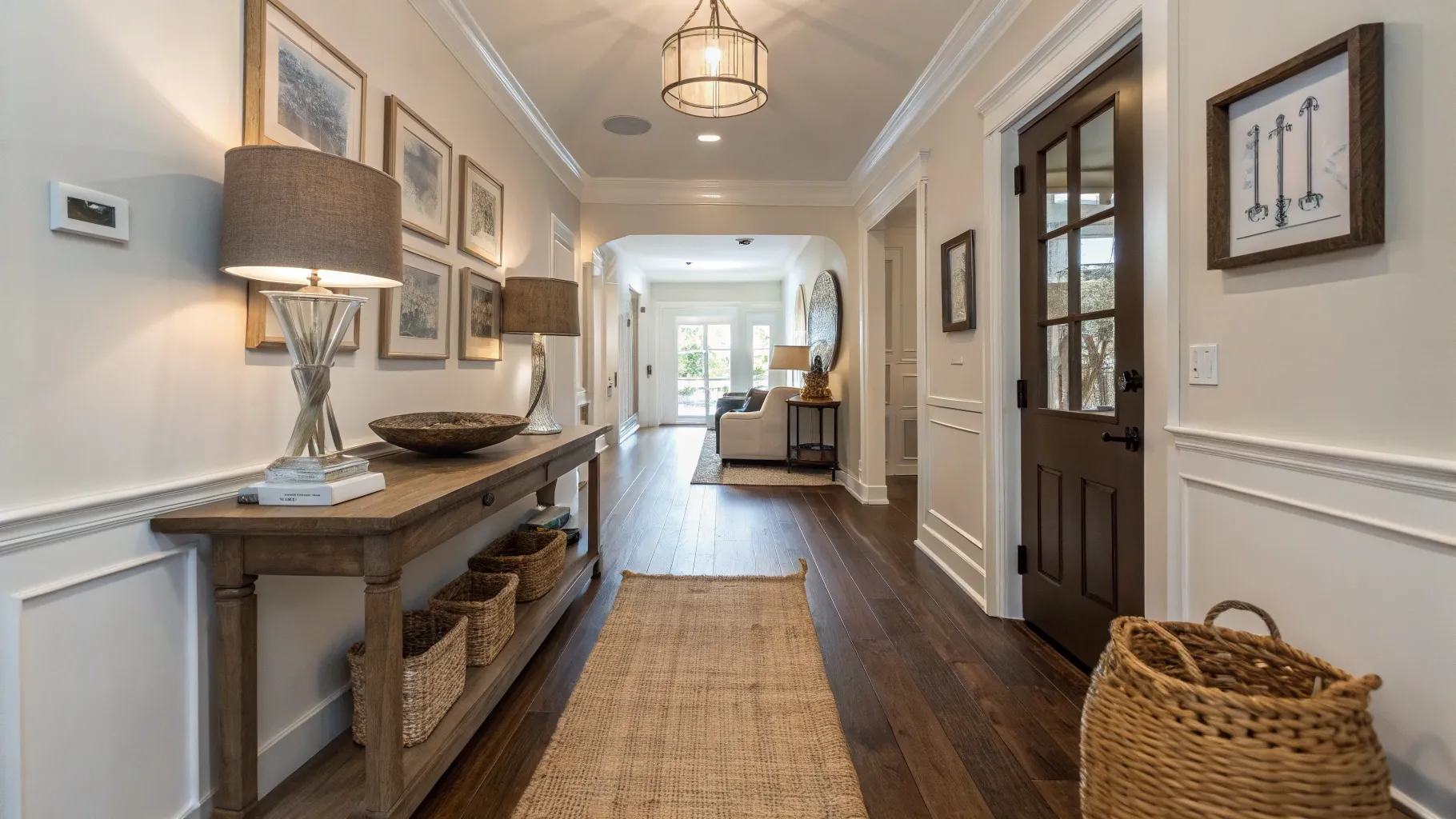 Warm, inviting hallway with hardwood floors and a woven rug. A wooden table with lamps, baskets, and framed art adds a cozy ambiance. Light pours in from the distant room.