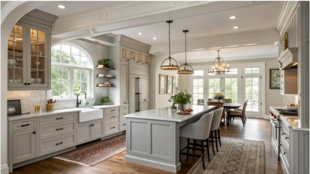 Spacious, elegant kitchen with white cabinetry, marble countertops, and a farmhouse sink. Features a central island, pendant lighting, and a dining area.