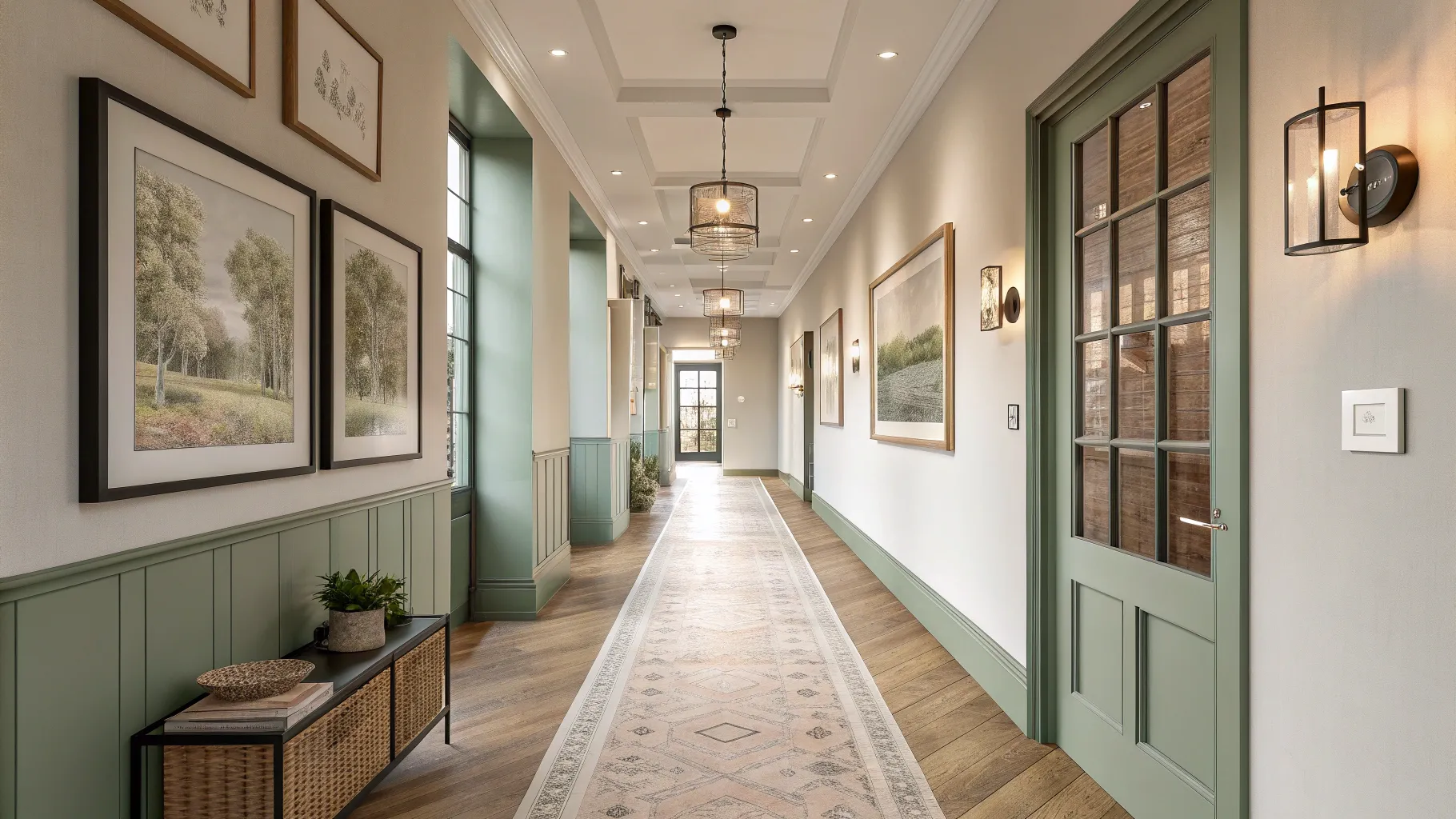 A serene hallway features wooden floors, sage green wainscoting, and framed nature artwork. Soft lighting and a patterned rug enhance the cozy ambiance.