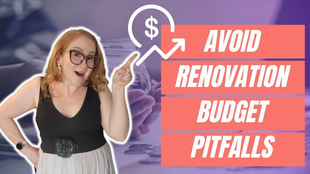 Smiling woman pointing at text "Avoid Renovation Budget Pitfalls" on a pink background with a rising chart and dollar sign, conveying a helpful and informative tone.