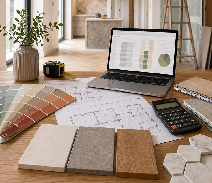 Cozy interior design workspace with laptop showing graphs, architectural plans, color swatches, tiles, a calculator, and a potted plant on a wooden table.