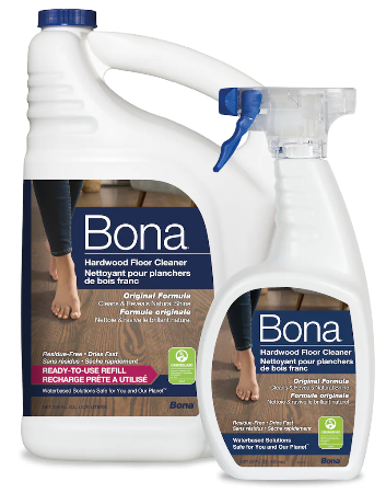 Two bottles of Bona Hardwood Floor Cleaner, one large with a screw cap and one smaller with a spray nozzle. Labels show feet walking on clean wood floors.