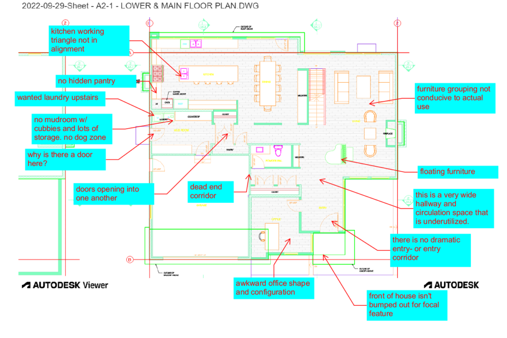architect vs interior designer- architect plans with designer notes from meeting with client-1